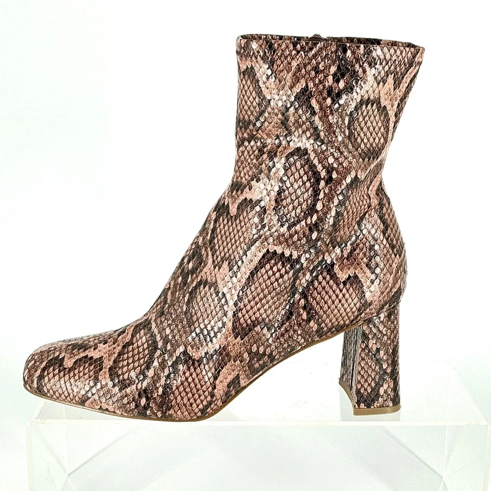 Steve Madden Size 9 Snakeskin‎ Print Ankle Boots Square Toe Block Heel Brown Tan